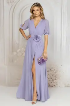 Rochie de seara lunga lila cu floare in talie si decolteu petrecut imagine