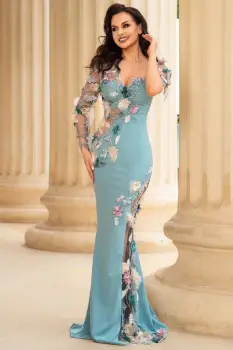 Rochie de seara lunga mint Anelisse cu flori delicate si margele decorative imagine