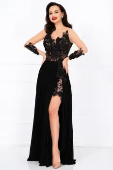 Rochie de seara lunga neagra Mikaela decorata cu flori 3D imagine