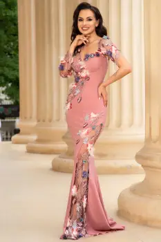 Rochie de seara lunga roz Anelisse cu flori delicate si margele decorative imagine