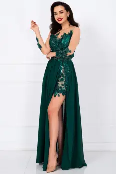 Rochie de seara lunga verde Mikaela decorata cu flori 3D imagine