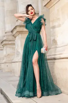 Rochie de seara lunga verde Nemesis cu glitter si flori 3D pe umeri imagine