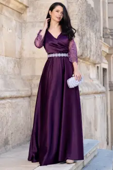 Rochie de seara mov Giorgia lunga din tafta cu maneci brodate imagine