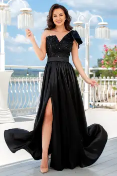 Rochie de seara neagra eleganta lunga Ellis cu funda pe umar imagine