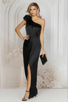 Rochie de seara neagra lunga petrecuta cu umar gol si floare 3D imagine