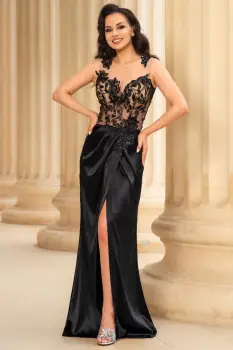 Rochie de seara neagra Vanessa cu fusta din tafta si bust brodat imagine