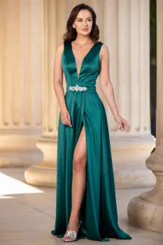 Rochie de seara Ophelia verde lunga din tafta satinata imagine