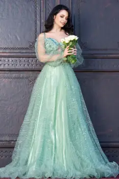 Rochie de seara Patrizia mint din tulle cu sclipici si margele imagine