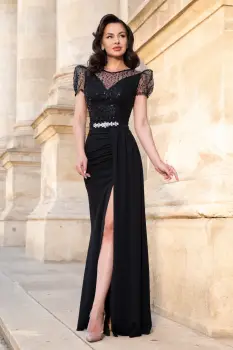 Rochie de seara pretioasa Angie neagra cu paiete si trena pe o parte imagine