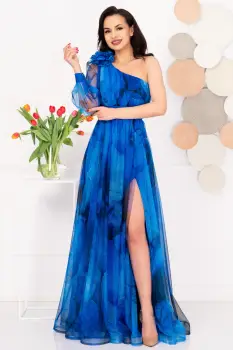 Rochie de seara pretioasa Carolina albastra cu model tip pictura imagine
