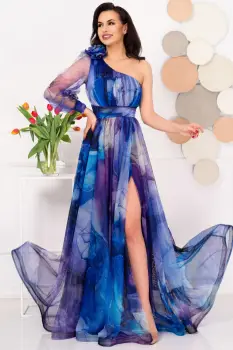 Rochie de seara pretioasa Carolina mov cu model tip pictura imagine