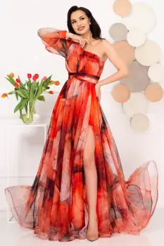 Rochie de seara pretioasa Carolina orange cu model tip pictura imagine
