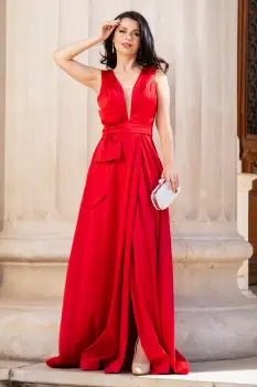 Rochie de seara rosie din tafta cu funda stilizata imagine