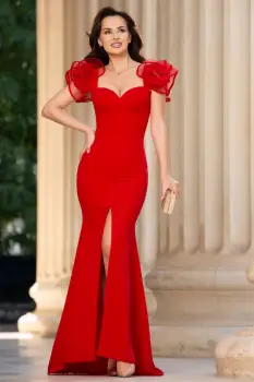 Rochie de seara rosie Ginevra cu volane la umeri imagine