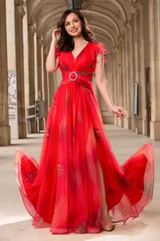 Rochie de seara rosie Tereza cu imprimeu tip pictura imagine