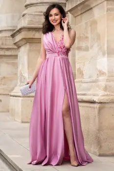 Rochie de seara roz lunga din tafta Saturn cu flori 3D imagine