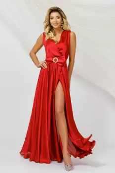 Rochie de seara satinata Pretty Girl rosie eleganta cu funda pretioasa imagine