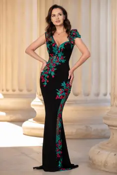 Rochie de seara tip sirena Fabrizia cu flori rosii brodate imagine