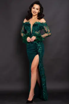 Rochie de seara verde Julia din catifea cu broderie si fulgi imagine
