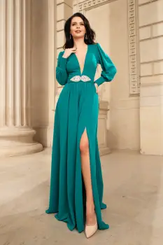 Rochie de soacra Cleopatra verde lunga cu accesoriu pretios in talie imagine