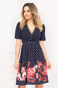 Rochie de vara bleumarin Rubi cu buline si imprimeu floral By InPuff imagine