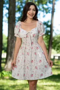 Rochie de vara ecru in clos cu flori imprimate imagine