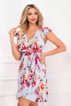 Rochie de vara petrecuta InPuff bleu cu volane si flori de magnolie imagine