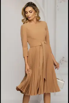 Rochie de zi bej midi cu fusta plisata si cordon in talie imagine