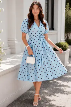 Rochie de zi bleu Ayana in clos cu buline maro imagine