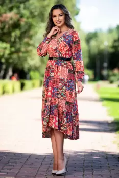 Rochie de zi burgundy asimetrica cu imprimeu floral si volan la terminatie imagine