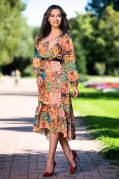 Rochie de zi camel asimetrica cu imprimeu floral si volan la terminatie imagine