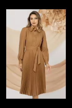 Rochie de zi camel Pretty Girl cu pliseuri imagine