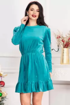 Rochie de zi Cherry din catifea turquoise cu volanas imagine
