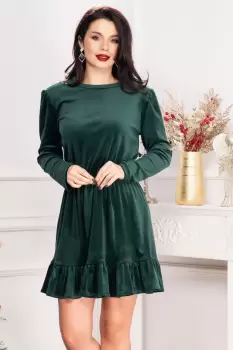Rochie de zi Cherry din catifea verde cu volanas imagine