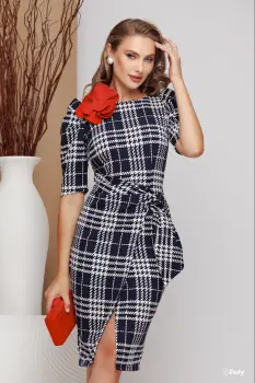 Rochie de zi conica cu imprimeu geometric si floare rosie imagine
