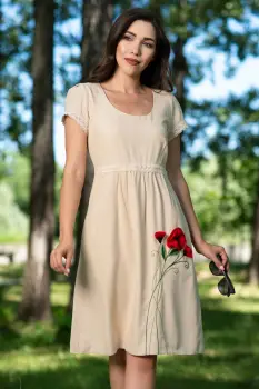 Rochie de zi din in bej cu maci brodati 3D imagine