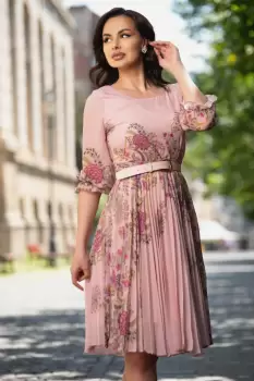 Rochie de zi din voal plisat rose cu imprimeu floral imagine