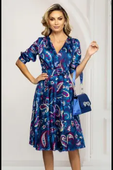 Rochie de zi eleganta albastra in clos cu imprimeu paisley imagine