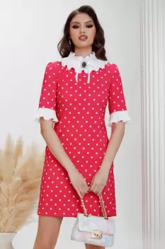 Rochie de zi Fofy in A ciclame cu buline albe guler si mansete plisate imagine