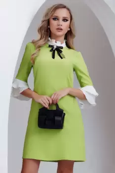 Rochie de zi Fofy in A lime cu aplicatii plisate albe si brosa imagine