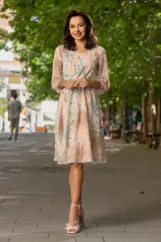 Rochie de zi in clos Inga bej cu insertii aurii si imprimeu turquoise imagine