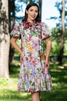 Rochie de zi midi cu maneci gogosar si imprimeu floral imagine