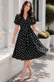 Rochie de zi neagra Ayana in clos cu buline albe imagine