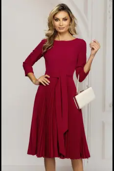 Rochie de zi rosie midi cu fusta plisata si cordon in talie imagine