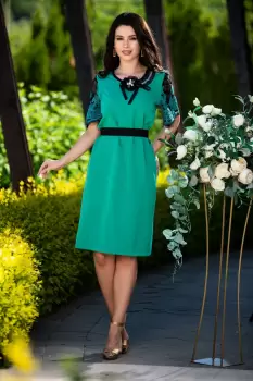 Rochie de zi Venezia verde cu maneci brodate si accesoriu pretios imagine