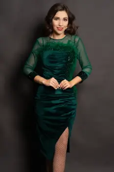 Rochie din catifea verde Noelia cu paiete si fulgi imagine