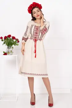 Rochie din in Filipa brodata cu motivul rombului imagine