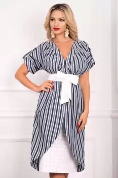 Rochie Effect cu dungi din panza texturata si broderie imagine