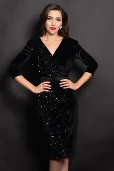 Rochie eleganta Amira neagra din catifea cu paiete pe o parte imagine