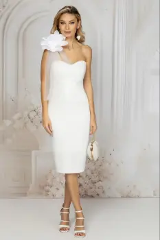 Rochie eleganta conica alba cu floare maxi pe umar imagine